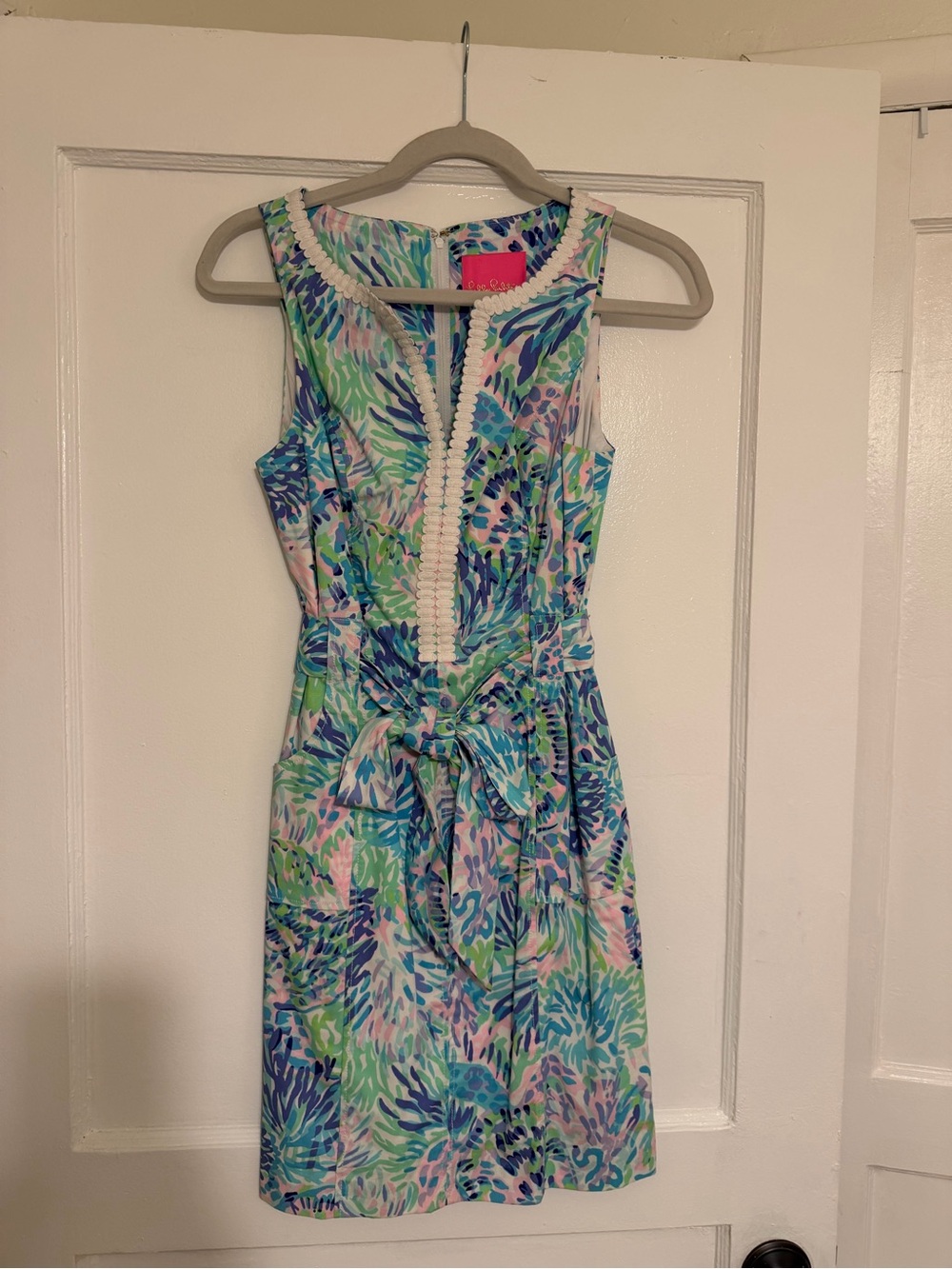 Lilly Pulitzer Sleeveless Tie-Waist Midi Dress in Blue, Green & Pink
